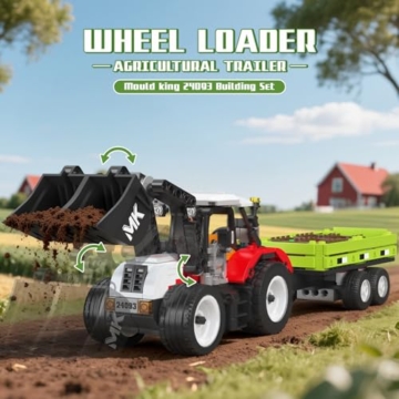 Mould King 24093 Technik Traktor Bausteine - Baufahrzeug Spielzeug mit beweglicher Schaufel und Detachable Agricultural Trailer - Geburtstagsgeschenk für Jungen und Mädchen ab 8 Jahren(504Teile) - 2