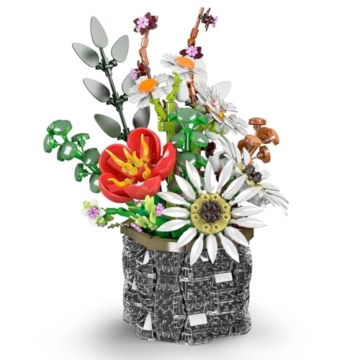 Mould King 24107 Blumen-Baustein-Set (mit Vase) | Sonnenblumen, Tulpen und Gänseblümchen | Künstliche Blumen DIY-Modell, kreative Serie für künstliche Pflanzenstrauß-Bastelsets 1157+Teile - 4