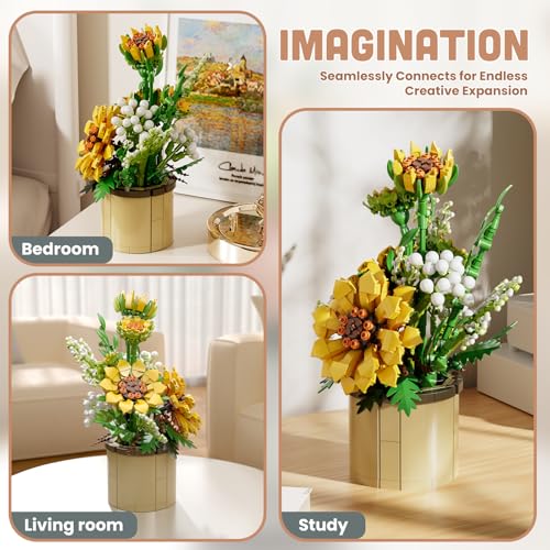 Mould King 24110 Klemmbausteine Blumen Sonnenblumen Blumen Botanical Bausteine mit Vase Sockel Topf Pflanze Bausteine Blumenstrauß Bausatz Sammlerstücke Geschenke (1047 Teile) - 3