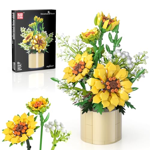 Mould King 24110 Klemmbausteine Blumen Sonnenblumen Blumen Botanical Bausteine mit Vase Sockel Topf Pflanze Bausteine Blumenstrauß Bausatz Sammlerstücke Geschenke (1047 Teile) - 1