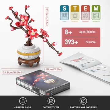 Mould King 24120 Klemmbausteine Pflanzen Pflaumenblüte Blumen Bausteine für Mädchen mit Vase Künstliche Botanical Collection Bauspielzeug Kreatives Geschenk für Erwachsene(393 Teile) - 2