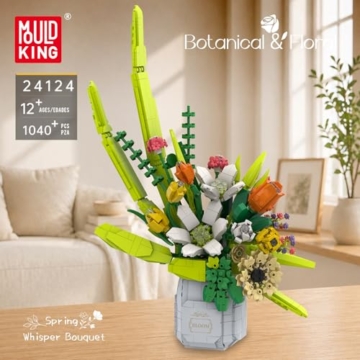 Mould King 24124 Baustein-Blumenstrauß mit Vase Pflanzen- und Blumenkunst-Bauset | Bunte realistische Blumen und Grünblätter | Kreative Wohnzimmer- und Tischdekoration | Unverwelkliche Baustein-Blumen - 2