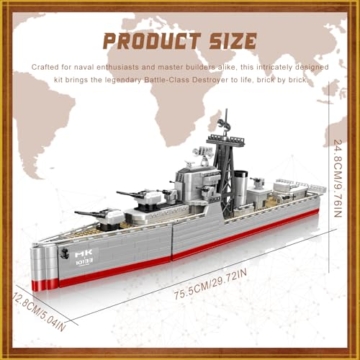 Mould King Bartel-Klasse Zerstörer Kriegschiff Klemmbausteine Technik, MOC Groß WWII Militär-Kriegsschiff Spielzeug Modell, Marine-Schlachtschiff Bausatz für Erwachsene (1815+ PCS) - 5