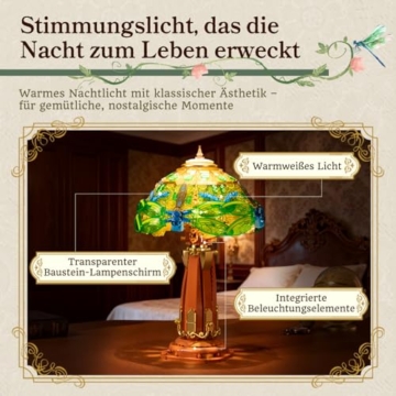 PANTASY Baustein Tischlampe im Buntglas-Stil mit LED, Vintage Lampe zum Bauen mit Libellen- & Blumenmotiv, USB-C Nachttischlampe als Deko und Geschenk für Erwachsene - 3