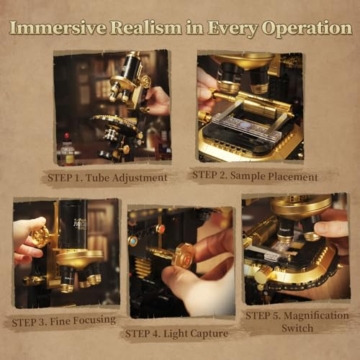 PANTASY Retro-Mikroskop Bausatz für Erwachsene, Antikes Wissenschaftsinstrument mit mechanischem Design, Messingoptik & Laborzubehör, Sammlermodell aus Bausteinen - 3