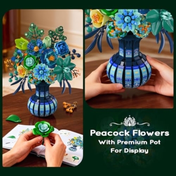 PLAXSOON Blumen Bauspielzeug mit Vase, Valentinstag Blumenstrauß Botanical Collection Bausteine Spielzeug, 1309 Stück Pfauen Kunstpflanze Bonsai-Bauset Deko, Geschenk für Sie Erwachsene Mädchen ab 12+ - 6