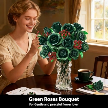 PLAXSOON Blumenstrauß Bausatz mit Licht, 16 grüne Rosen botanische Kollektion Bausteine für Erwachsene Mädchen, 523 Stück künstliche Blumen Valentinstags Geburtstagsgeschenk für sie Wohnzimmer Dekor - 2