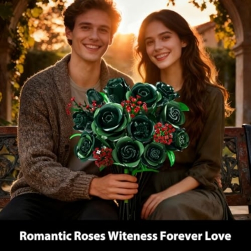 PLAXSOON Blumenstrauß Bausatz mit Licht, 16 grüne Rosen botanische Kollektion Bausteine für Erwachsene Mädchen, 523 Stück künstliche Blumen Valentinstags Geburtstagsgeschenk für sie Wohnzimmer Dekor - 9