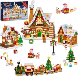 PLAXSOON Lebkuchenhaus Weihnachtsdorf Mini-Klemmbaustein-Set mit Lichtern - 1