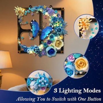 PLAXSOON Mond Blumen Bauspielzeugset mit Licht, Blume Bausteine Wandkunst Klemmbausteine mit Schmetterling, Botanical Kollektion Bauklötz Home Dekor, Geschenk für Erwachsene Frauen Jungen Mädchen 12+ - 2