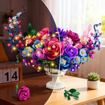 PLAXSOON Mond Blumen Bauspielzeugset mit Licht, Mondförmiges Rosen Blume Botanical Klemmbausteine, 1274 Stück Bonsai Pflanzenkollektion Home Dekor, Geschenk für Erwachsene Frauen Jungen Mädchen 12+ - 4