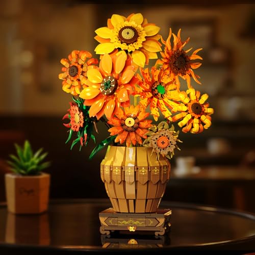 PLAXSOON Sonnenblumen mit Vase aus 1180 Teilen Licht
