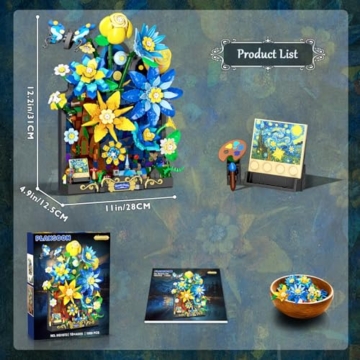 PLAXSOON Starry Night Blumen Wand Bauspielzeug mit Licht,Sternennacht Botanical Collection Berühmtes Gemälde Bauset mit Schmetterling, 1008 Stück Bausteine Geschenk für Erwachsene Mädchen ab 10 Jahren - 9