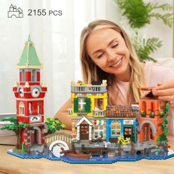 PLAXSOON Venedig Stadt Haus Baukasten mit Licht, 2155 Stück Bauspielzeug mit Blumenladen Pizzeria Wohnhaus - Architektur Klemmbausteine Modell Geschenk für Erwachsene Frauen Teenager Mädchen ab 12+ - 4