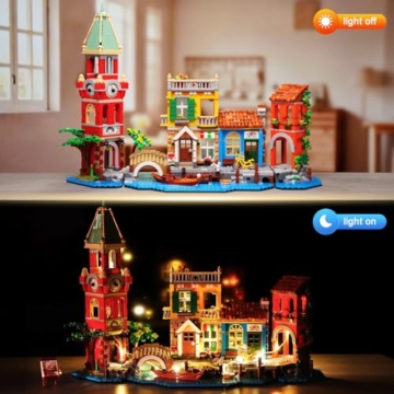 PLAXSOON Venedig Stadt Haus Baukasten mit Licht, 2155 Stück Bauspielzeug mit Blumenladen Pizzeria Wohnhaus - Architektur Klemmbausteine Modell Geschenk für Erwachsene Frauen Teenager Mädchen ab 12+ - 5