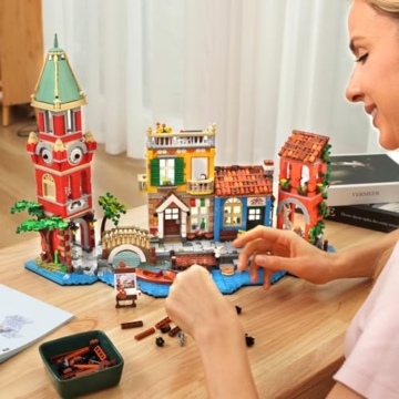 PLAXSOON Venedig Stadt Haus Baukasten mit Licht, 2155 Stück Bauspielzeug mit Blumenladen Pizzeria Wohnhaus - Architektur Klemmbausteine Modell Geschenk für Erwachsene Frauen Teenager Mädchen ab 12+ - 6