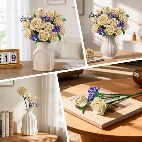 PLAXSOON Weiße Rosenblumenstrauß-BAU Set 523 Teile Pflanzen-Sammlung Bausteinspielzeug, 12 Blumen als Heim-Pflanzen-Dekoration, Geburtstags Erwachsene Frauen Jungen 8+ - 3