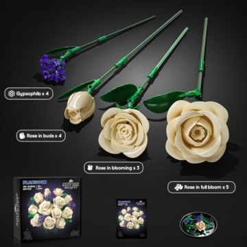 PLAXSOON Weiße Rosenblumenstrauß-BAU Set 523 Teile Pflanzen-Sammlung Bausteinspielzeug, 12 Blumen als Heim-Pflanzen-Dekoration, Geburtstags Erwachsene Frauen Jungen 8+ - 8