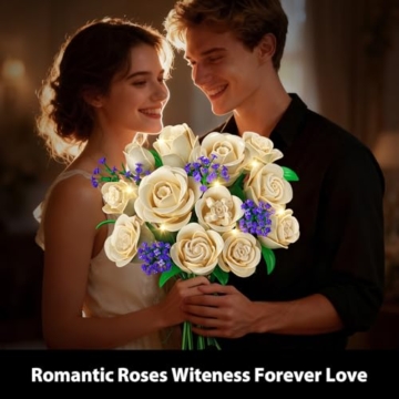 PLAXSOON Weiße Rosenblumenstrauß-BAU Set 523 Teile Pflanzen-Sammlung Bausteinspielzeug, 12 Blumen als Heim-Pflanzen-Dekoration, Geburtstags Erwachsene Frauen Jungen 8+ - 9