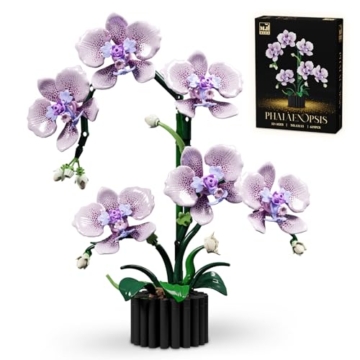 QGGQ Lila Orchidee Blumen Bausteine Bausatz, 619 Teile Künstliche Orchideen Blume Klemmbausteine Spielzeug für Erwachsene, Home Pflanzen Deko Set, Geschenke für Valentinstag und Muttertag - 1
