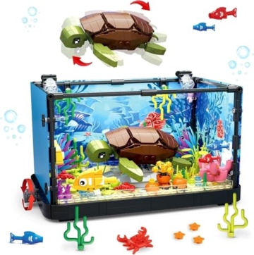 QLT QIAOLETONG Aquarium Turtle Fish Tank Ideas Bauspielzeug mit LED LichtAquarium klemmbausteine deko bausteine Geschenk für Erwachsene und Jungen Mädchen ab 8-12 Jahren(625PCS) - 1