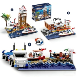 QLT QIAOLETONG City Hafen mit Frachtschiff Klemmbausteine Set 3in1 City Transporter Modellcontainerkran Bauspielzeug STEM Bausteinen Deko Geschenk für Erwachsene und Kinder ab 14 Jahren