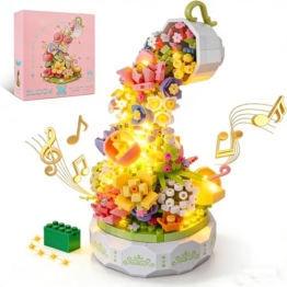 QLT QIAOLETONG Pflanzen Blumen Friends Bauspielzeug Drehbox Musik,Flowers mit LED Licht klemmbausteine Baustein Geschenk für Erwachsene Muttertagsgeschenk deko(575PCS) - 1