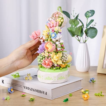 QLT QIAOLETONG Pflanzen Blumen Friends Bauspielzeug Drehbox Musik,Flowers mit LED Licht klemmbausteine Baustein Geschenk für Erwachsene Muttertagsgeschenk deko(575PCS) - 5