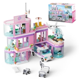 QLT QIAOLETONG Rosa City Krankenhaus Baustein Set, Kompatibel mit Lego, inklusive Rettungs Hubschrauber, Anhänger und Trage, STEM Geschenke für 14+ Jahre alte791 pcs - 1