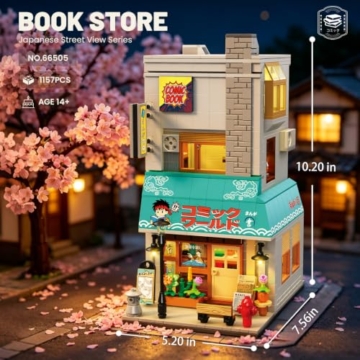 Reobrix 66505 Japanische Buchhandlung Klemmbausteine Set mit LED-Beleuchtung, 1157 Teile Street-View Buchladen, Modulares Stadthaus Architekturmodell, Sammler für Erwachsene und Jugendliche ab 14+ - 2