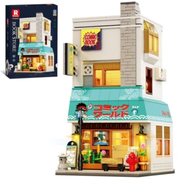 Reobrix 66505 Japanische Buchhandlung Klemmbausteine Set mit LED-Beleuchtung, 1157 Teile Street-View Buchladen, Modulares Stadthaus Architekturmodell, Sammler für Erwachsene und Jugendliche ab 14+ - 1
