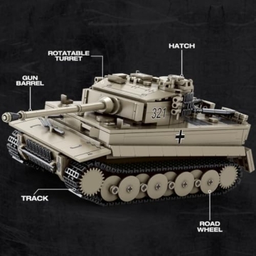 Reobrix 77031 World of Tanks Echte Lizenz Tiger I Panzer Bausteine, 1138 Teile 1:28 Deutsch Militär Panzer Klemmbausteine, WW2 Panzerkampfwagen Modellbausatz, Für World of Tanks-Spielfans über 14+ - 6