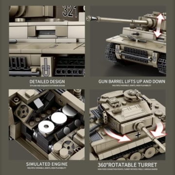 Reobrix 77031 World of Tanks Echte Lizenz Tiger I Panzer Bausteine, 1138 Teile 1:28 Deutsch Militär Panzer Klemmbausteine, WW2 Panzerkampfwagen Modellbausatz, Für World of Tanks-Spielfans über 14+ - 7