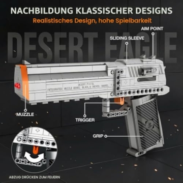 Reobrix Desert Eagle Baustein Set für Erwachsene 77001, Klemmbausteine Gewehr Modellbausatz Schießwaffe Modell Spielzeug für Militärfans 14+(356 Teile) - 5