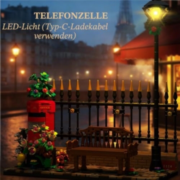 Reobrix Lange Bank Bausteinset für Erwachsene mit LED-Beleuchtung, 66610 Rotes Londoner Briefkasten Modell mit Blumen, Britisches Retro Straßenbild Spielzeug, Vintage Postbox Bauset(1057 Teile) - 2