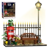 Reobrix Lange Bank Bausteinset für Erwachsene mit LED-Beleuchtung, 66610 Rotes Londoner Briefkasten Modell mit Blumen, Britisches Retro Straßenbild Spielzeug, Vintage Postbox Bauset（1057 Teile） - 1