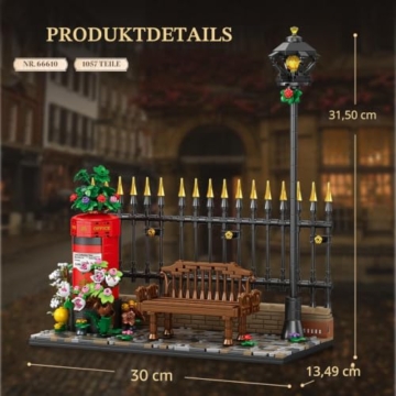 Reobrix Lange Bank Bausteinset für Erwachsene mit LED-Beleuchtung, 66610 Rotes Londoner Briefkasten Modell mit Blumen, Britisches Retro Straßenbild Spielzeug, Vintage Postbox Bauset(1057 Teile) - 3