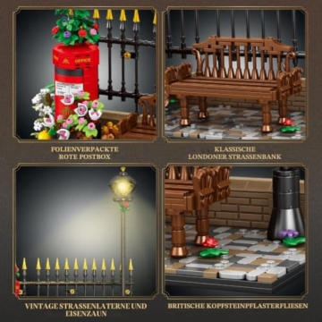 Reobrix Lange Bank Bausteinset für Erwachsene mit LED-Beleuchtung, 66610 Rotes Londoner Briefkasten Modell mit Blumen, Britisches Retro Straßenbild Spielzeug, Vintage Postbox Bauset(1057 Teile) - 4