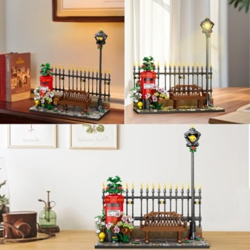 Reobrix Lange Bank Bausteinset für Erwachsene mit LED-Beleuchtung, 66610 Rotes Londoner Briefkasten Modell mit Blumen, Britisches Retro Straßenbild Spielzeug, Vintage Postbox Bauset(1057 Teile) - 5