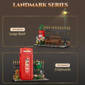 Reobrix Lange Bank Bausteinset für Erwachsene mit LED-Beleuchtung, 66610 Rotes Londoner Briefkasten Modell mit Blumen, Britisches Retro Straßenbild Spielzeug, Vintage Postbox Bauset(1057 Teile) - 7