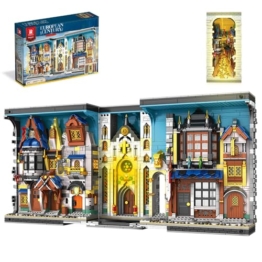 Reobrix Mittelalterliche Architektur Buchstütze Bausatz 66026 mit Licht, Straßenansicht aus dem europäischen Jahrhundert DIY-Bücherregal-Bausteinsatz für die Heimdekoration, Hausmodell für Erwachsene - 1