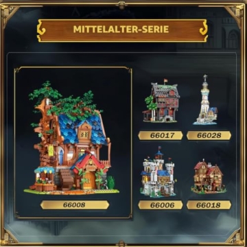 Reobrix Mittelalterliches Baumhaus Beleuchtungsbaustein Set, Architektur Sammeldisplay oder Heimbüro Dekor, Europäischer Kreativbausatz 66008, Geschenke für Erwachsene, 14 Jahren - 8