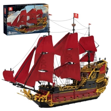 Reobrix Revenge Piratenschiff Baukasten, 5666+ Großes Rotes Piratenschiff Clamping Blocks Kit, historischer Modellbausatz 66049, Weihnachts- und Geburtstagsgeschenke für Erwachsene - 1