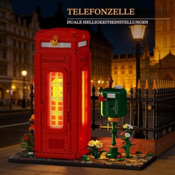 Reobrix Telefonzelle Baustein Set für Erwachsene mit LED Beleuchtung, 66609 Londoner Wahrzeichen Rote Telefonzelle im Vintage Stil, Retro Britische Telefonzelle Bausatz Bauspielzeug（1707 Teile） - 2