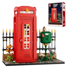 Reobrix Telefonzelle Baustein Set für Erwachsene mit LED Beleuchtung, 66609 Londoner Wahrzeichen Rote Telefonzelle im Vintage Stil, Retro Britische Telefonzelle Bausatz Bauspielzeug（1707 Teile） - 1