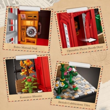 Reobrix Telefonzelle Baustein Set für Erwachsene mit LED Beleuchtung, 66609 Londoner Wahrzeichen Rote Telefonzelle im Vintage Stil, Retro Britische Telefonzelle Bausatz Bauspielzeug（1707 Teile） - 4