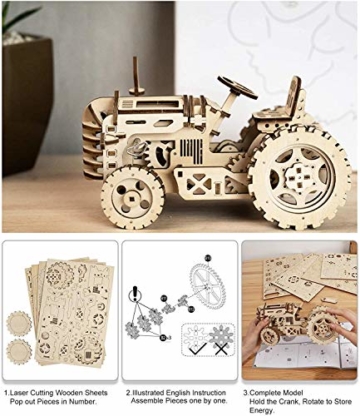 Robotime Mechanischer Traktor 3D Holzpuzzle Laser-Cut für die Selbstmontage ohne Kleber - Holz Modellbau Bausatz - Rätsel für Kinder, Jugendliche und Erwachsene - 2