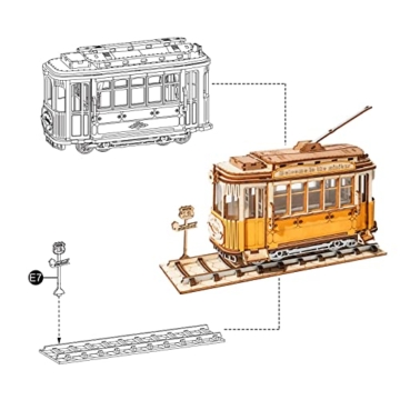 ROBOTIME Straßenbahn 3D Holzpuzzle Hölzerne Modellbau Bausatz Knobelspiele Holzmodellbausätze fur Erwachsene Laser Cut Puzzle Bastelsets - 3