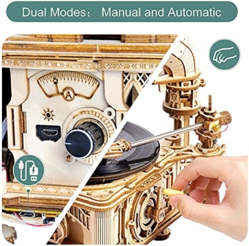 ROKR 3D Holzpuzzle für Erwachsene Teenager DIY Modellbausatz Basteln Mechanische Puzzle-Klassisches Grammophon, Automatischer und Manueller Modus LKB01D - 2