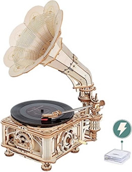 ROKR 3D Holzpuzzle für Erwachsene Teenager DIY Modellbausatz Basteln Mechanische Puzzle-Klassisches Grammophon, Automatischer und Manueller Modus LKB01D - 1